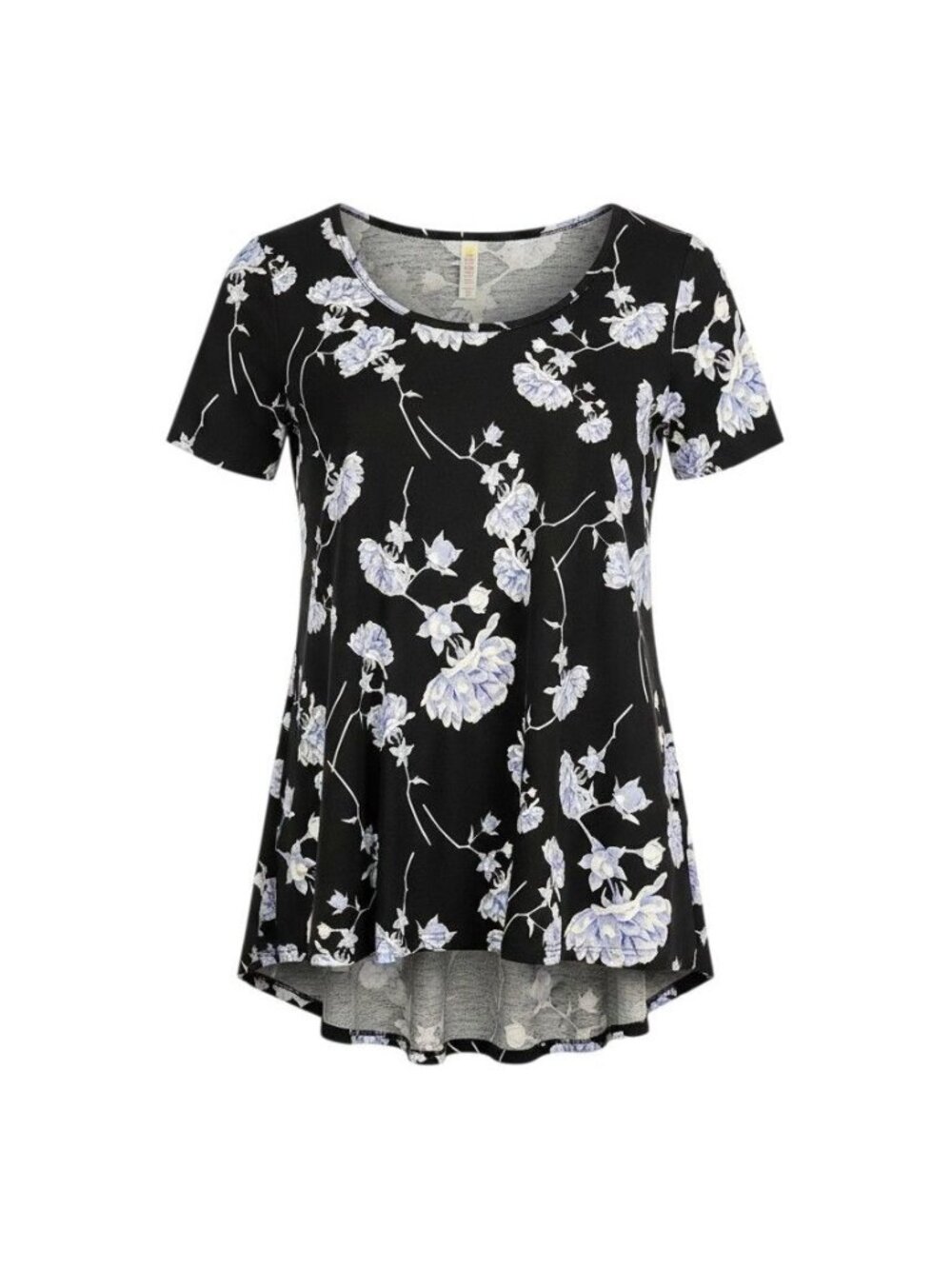 LuLaRoe Black Floral Hi-Low Tunic Top XS Blue & White Flowers Short Sleeve